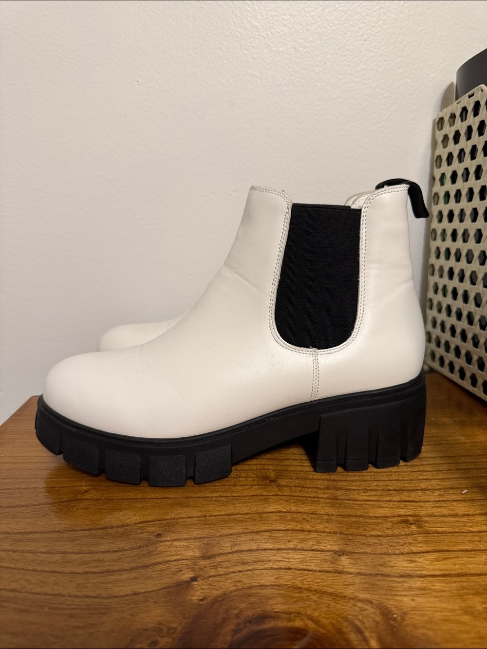 White Chelsea Platform Ankle Boots with Black Elastic Panels (never worn)